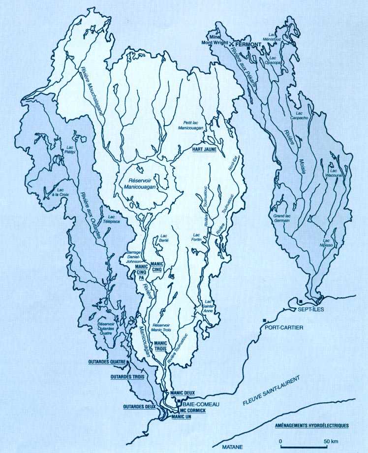 Situation gographique des bassins hydrographiques des rivires aux Outardes, Manicouagan et Moisie