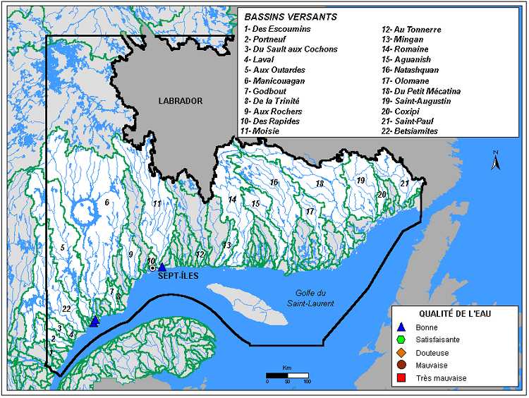 Carte 3.1 : Qualité de l’eau des rivières de la région de la Côte-Nord